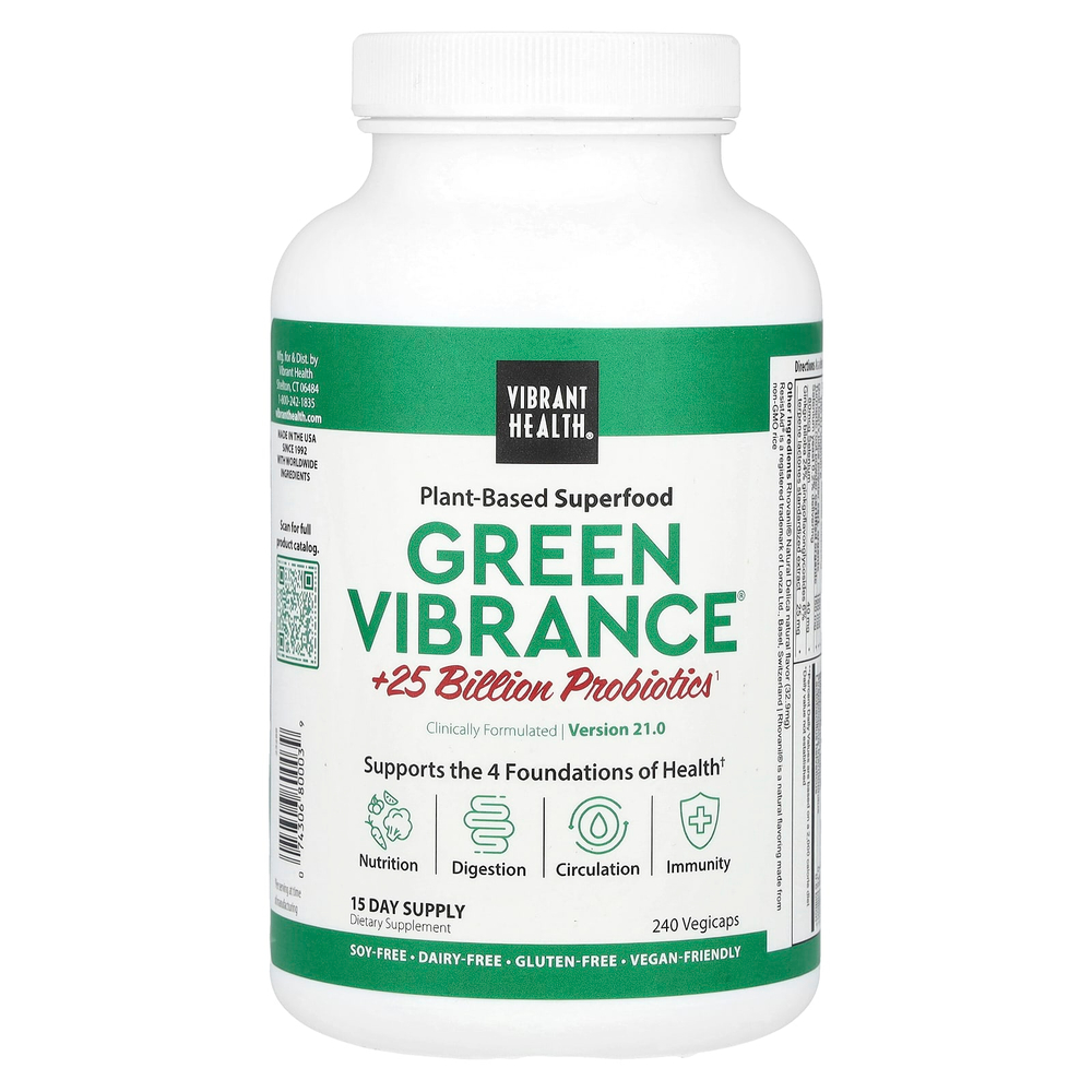 Vibrant Health, Green Vibrance® +25 млрд пробиотиков, версия 21.0, 240 растительных капсул
