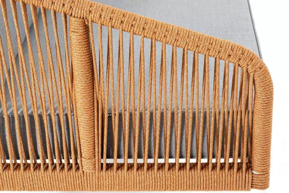 "Канны" диван 2-местный плетеный из роупа, каркас алюминий светло-серый (RAL7035) муар, роуп оранжевый меланж круглый, ткань светло-серая