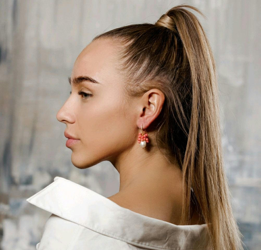 Золотые серьги с натуральным жемчугом и кораллом "Морские сокровища"