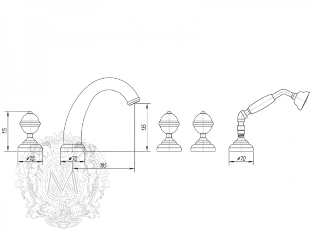 Смеситель для ванны на 5 отв. Migliore Cristalia Swarovski ML.CRS-3780 схема