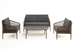 "Канны" лаунж-зона 4-местная из роупа со столом "Верона" (серый гранит), каркас алюминиевый коричневый, роуп коричневый