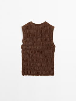 Massimo Dutti Топ из смесовой хлопковой ткани со сборками, коричневый