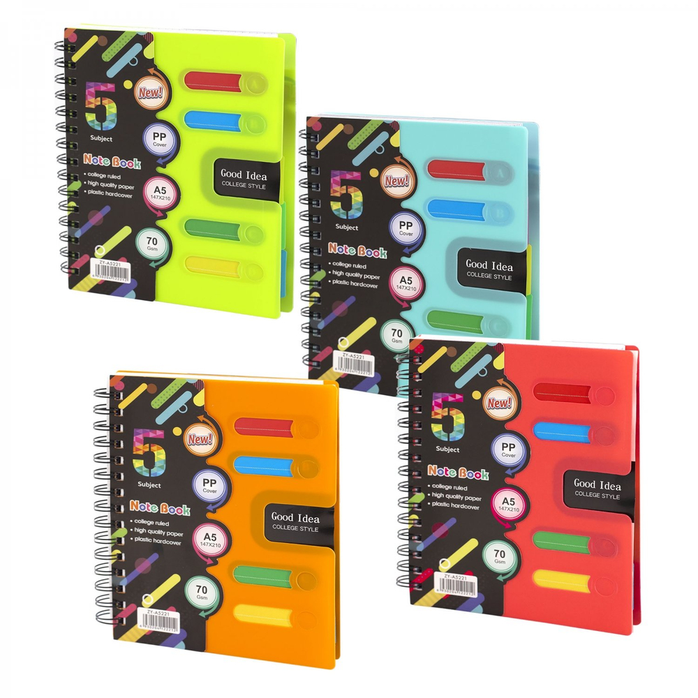 Тетрадь 120л., А5, клетка, Alingar "Good Idea", гребень, пластиковая обложка с информ окном, цветные пластиковые разделители, ассорти 4 цвета