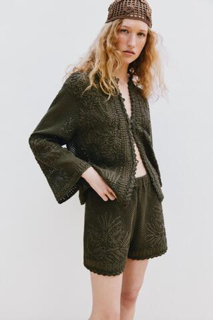 ZARA КАРДИГАН ИЗ КРУЖЕВА КРОШЕ С КОНТРАСТНЫМИ ДЕТАЛЯМИ, ХАКИ