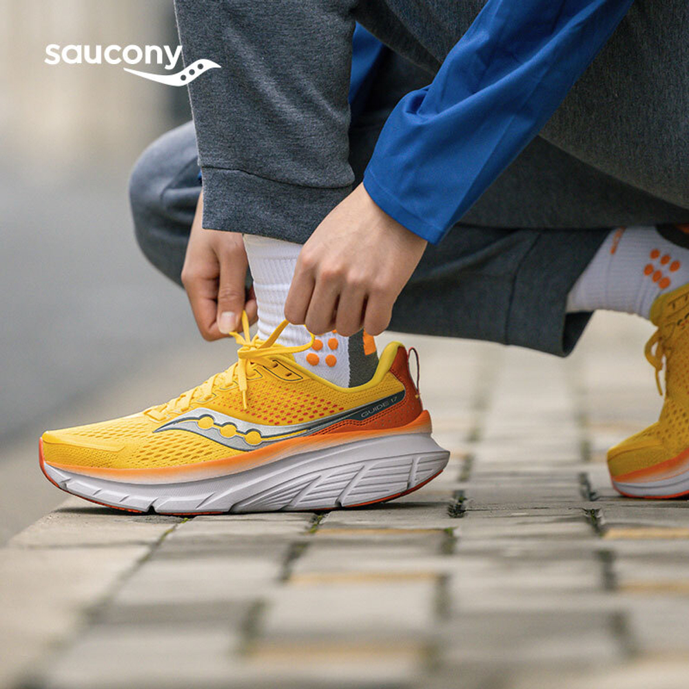 Saucony GUIDE 17 stable and comfortable fabric shock absorption low-cut casual running shoes men's yellow orange