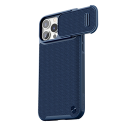 Чехол синего цвета для iPhone 13 Pro Max от Nillkin, серия Textured Case S (покрытие нейлонового волокна), полуавтоматическая механизм сдвижной шторки