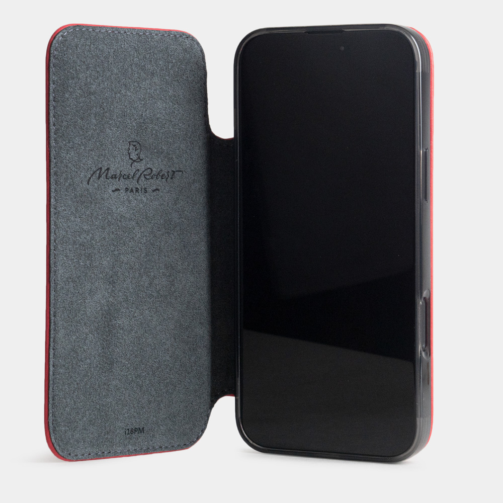 Чехол-книжка кожаная для iPhone 16 Pro Max, теленок красного цвета