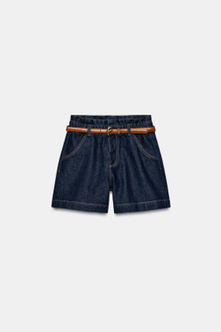 ZARA ШОРТЫ-БЕРМУДЫ BAGGY С ПОЯСОМ, СИНИЙ