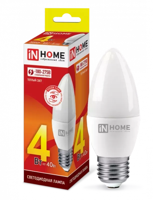 Лампа светодиодная LED-СВЕЧА-VC 4Вт 230В Е27 3000К ТЕПЛЫЙ 360Лм IN HOME