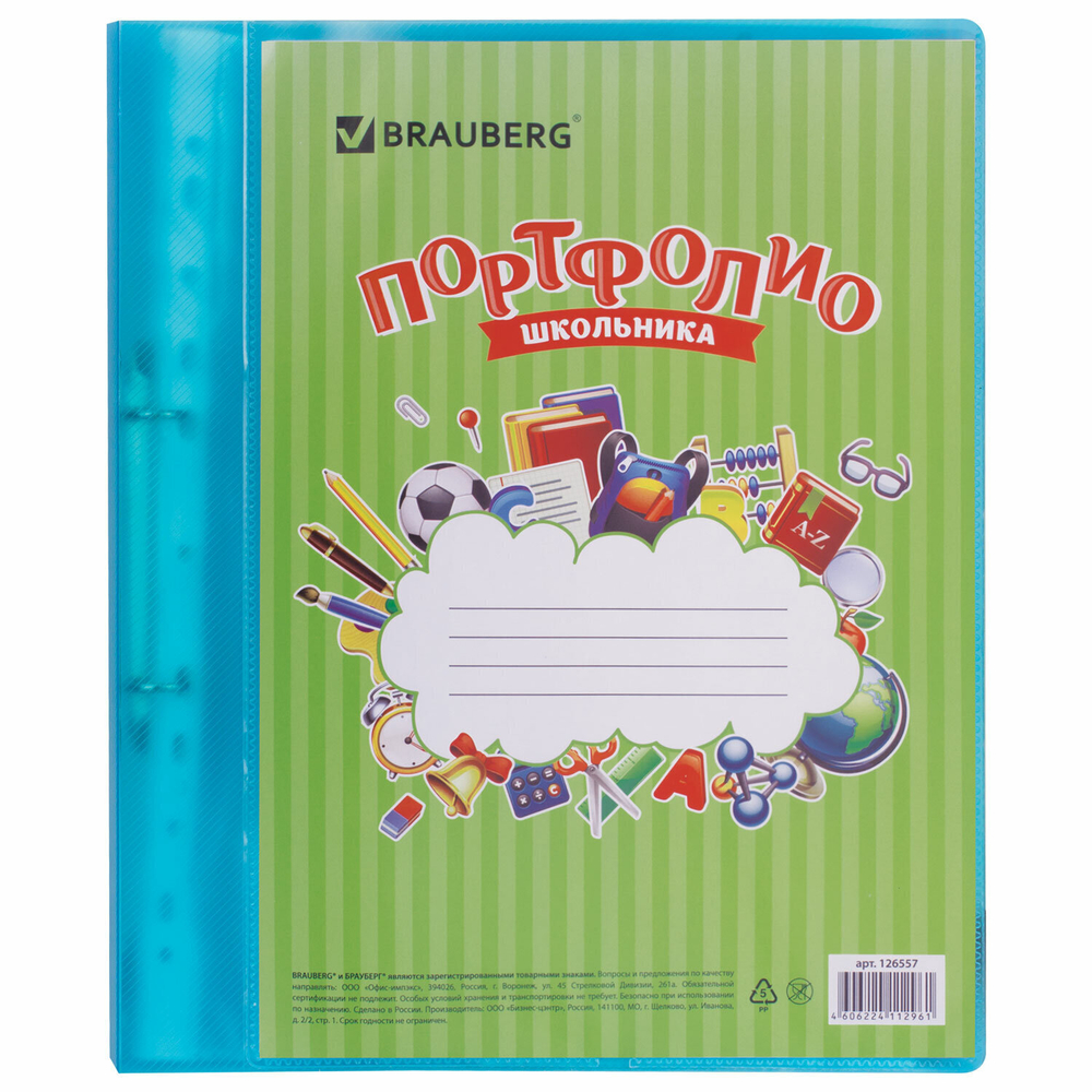 Папка для портфолио школьника 2 кольца 20 файлов пластик полупрозрачный синий BRAUBERG (3 штуки в упаковке)
