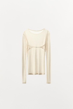 ZARA ФУТБОЛКА ИЗ ЛИОЦЕЛЛА С ДЕТАЛЬЮ НА СПИНКЕ, ЖЕЛТОВАТО-БЕЛЫЙ