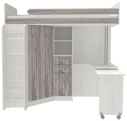 Кровать-чердак КарИВи Юниор 3 с металлической лестницей Белое Дерево Бетон