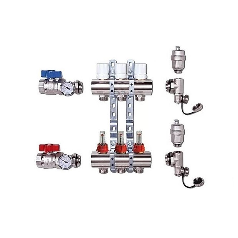 АКЦИЯ!!! VER67-03 Коллекторная группа 3-вых с расходом. с кранами и термом. в комплек. нерж Vieir