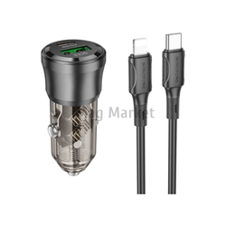 Автомобильное зарядное устройство Borofone BZ25, 1 USB-A, 1 USB-C, 38W, 3A + кабель Lightning, 1 м, черный прозрачный