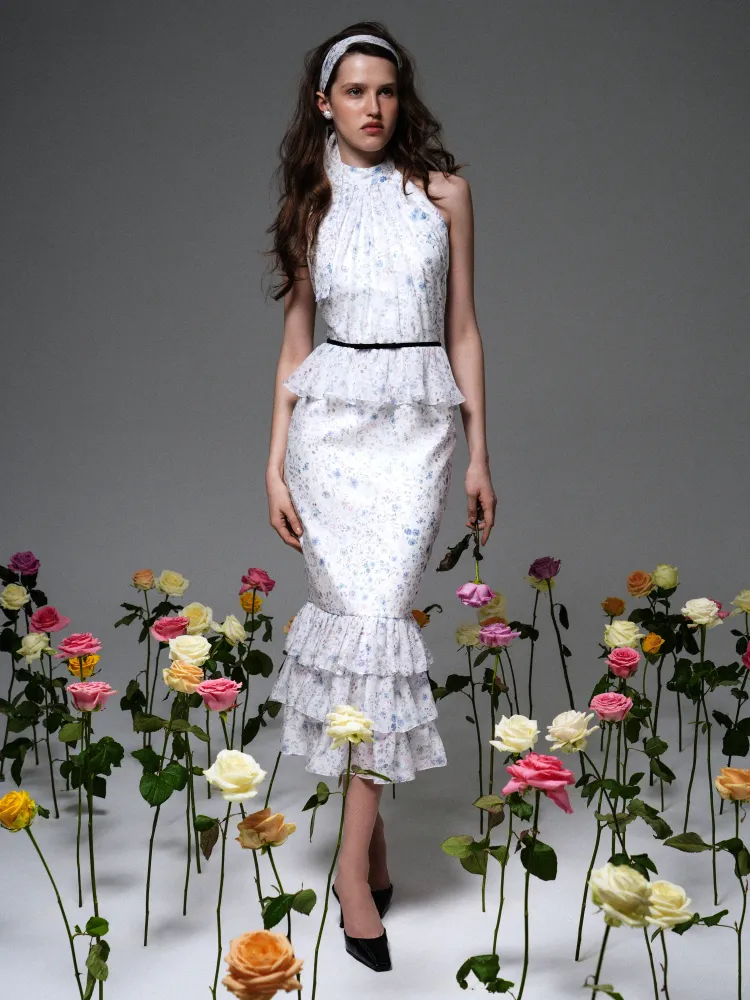 Рози миди (Rosie midi), платье миди из молочного шифона с цветочным принтом