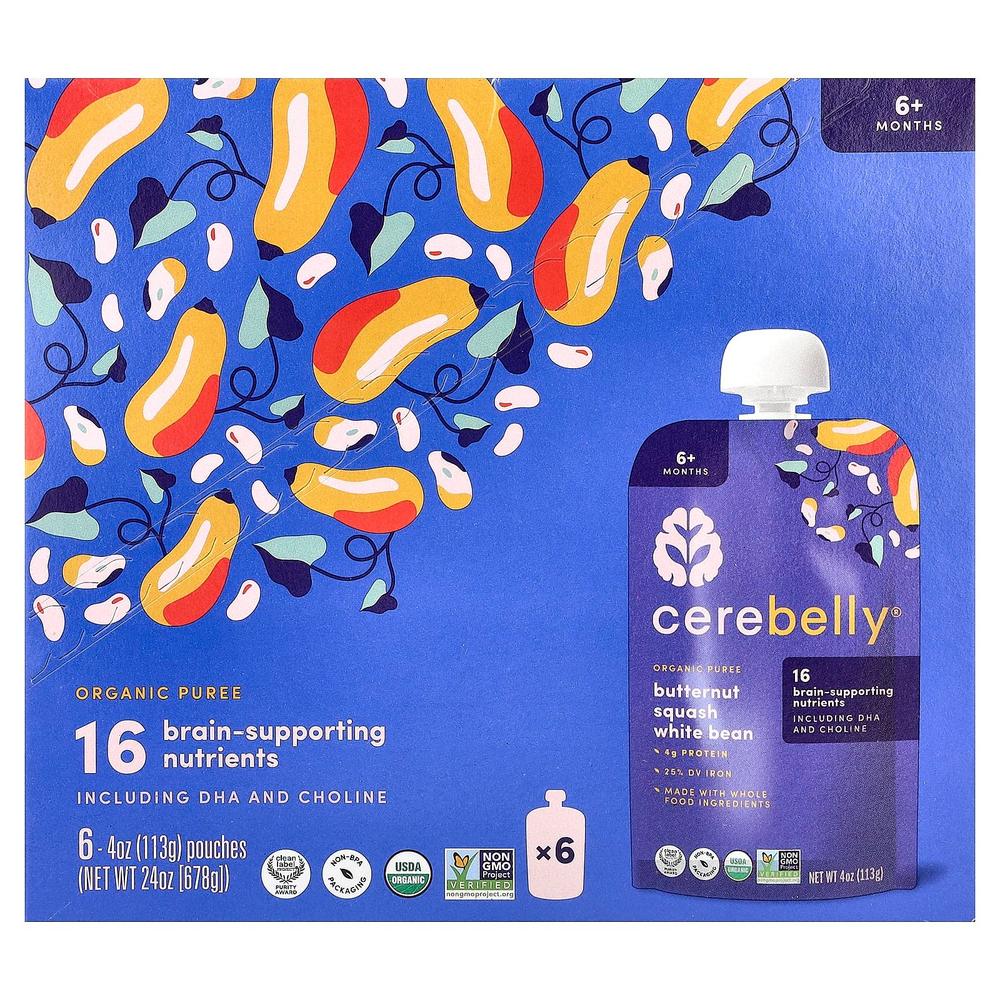 Cerebelly, органическое пюре, для детей от 6 месяцев, мускатная тыква и белая фасоль, 6 пакетиков по 113 г (4 унции)
