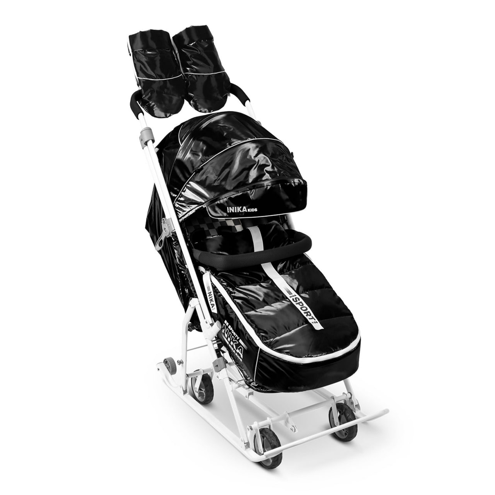 Санки - коляска детские зимние "НАШИ ДЕТКИ 9" ЧЕРНЫЙ смена полоз. на колеса, 3 полож., пер.ручка, муфта, рюкзак, тент-дождевик, арт.НД9С/Ч NIKA