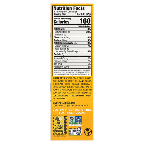 Bobo's Oat Bars, Oat Bites, арахисовая паста и шоколадная крошка, 5 шт. по 37 г (1,3 унции)