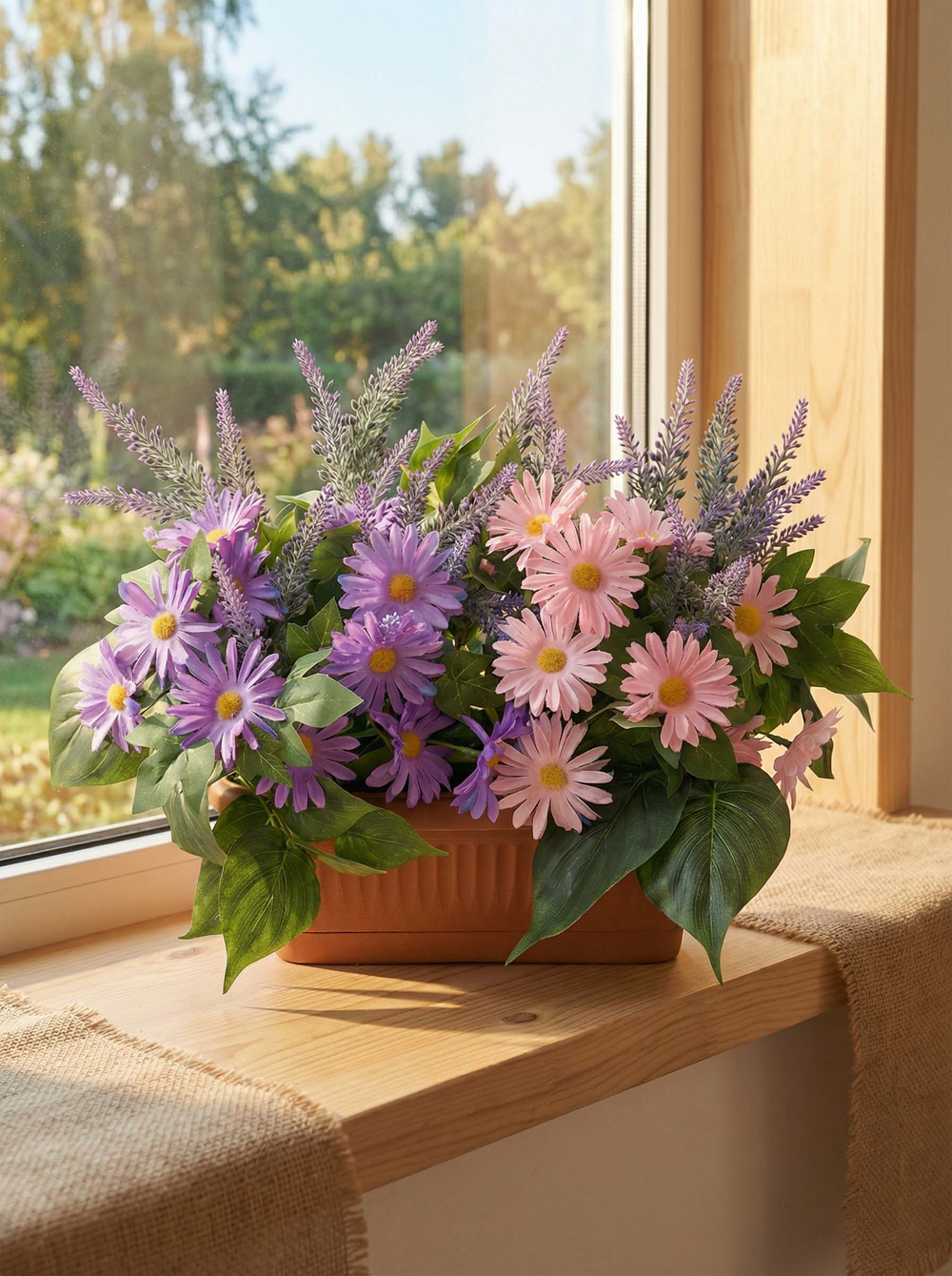 Хризантемы розово-фиолетовые с лавандой в балконном ящике