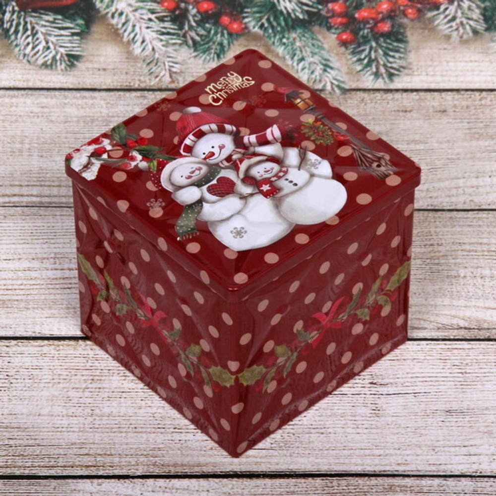 Банка жестяная 9*9*9см «Снеговики семейка»