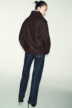 ZARA КОРОТКОЕ ПАЛЬТО ИЗ СМЕСОВОЙ ШЕРСТИ С ВОРОТНИКОМ СТОЙКОЙ, КОРИЧНЕВЫЙ