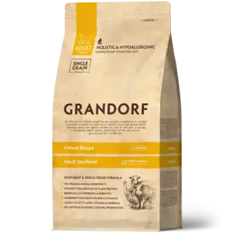 Сухой низкозерновой корм GRANDORF CAT 4 Meat PROBIOTIC STERILISED Четыре вида мяса для стерилизованных кошек с чувствительным пищеварением 0,4кг
