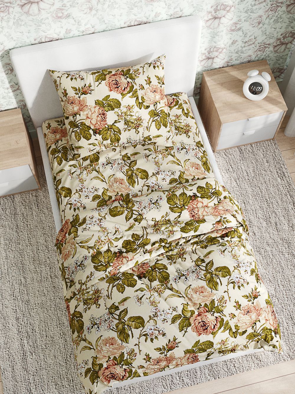 Постельное белье  "Прохоровская роза" 1,5-сп   наволочка 50х70 1шт Простынь на резинке 90х200 см  Пододеяльник 145х215 см