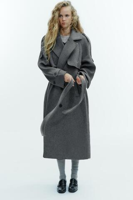 ZARA ДВУБОРТНОЕ ПАЛЬТО С ПОЯСОМ И ШЛЕВКАМИ, СЕРЫЙ МЕЛАНЖ