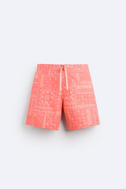 ZARA ДЛИННЫЕ ПЛАВКИ С ПРИНТОМ ПЕЙСЛИ, ОГНЕННО-КОРАЛЛОВЫЙ