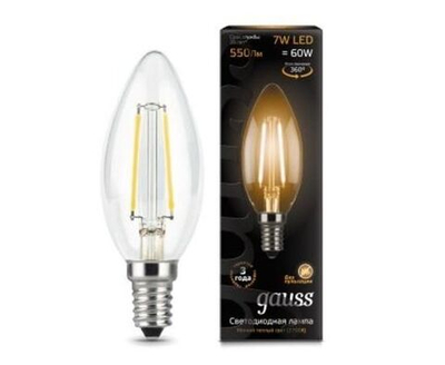 Лампа Gauss Filament Свеча E14 7W(550lm) 2700K 2K прозрачная 97x35 филамент (нитевидная), 103801107
