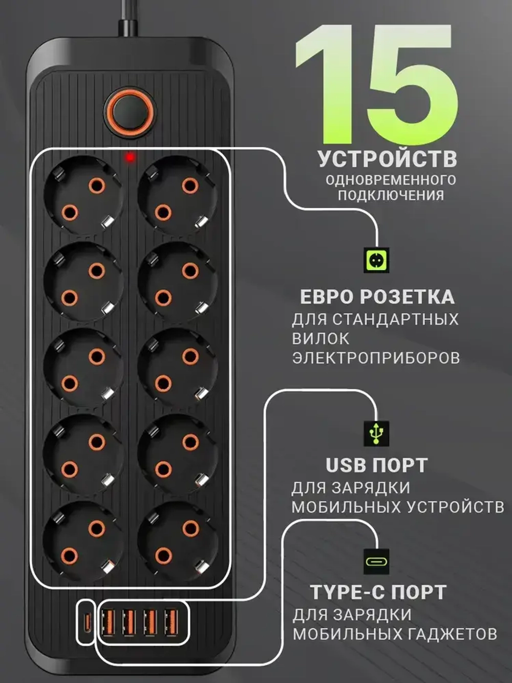 Сетевой фильтр, удлинитель сетевой 10м с USB и type-c. Пилот, тройник