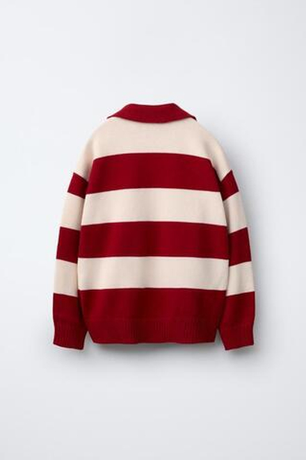 ZARA ТРИКОТАЖНОЕ ПОЛО В ПОЛОСКУ С НАШИВКОЙ, ЭКРЮ/КРАСНЫЙ