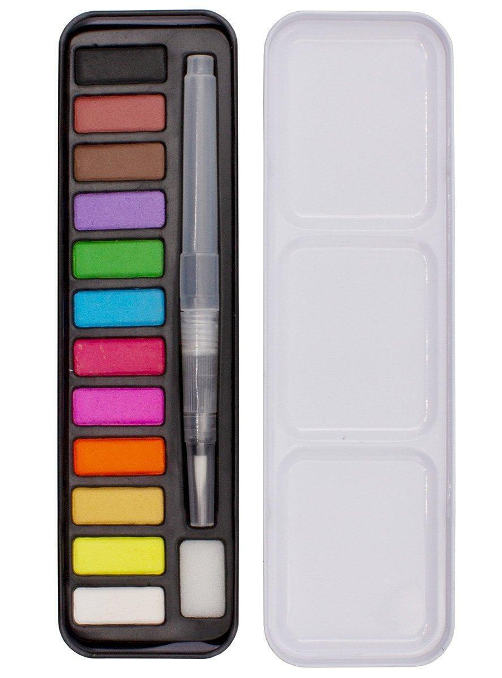 Акварель 12 цв., губка+кисть+резервуар для воды в металлической коробке (QREDO)