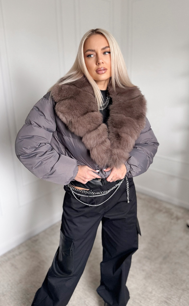 Пуховик - бомбер с мехом песца «графит»