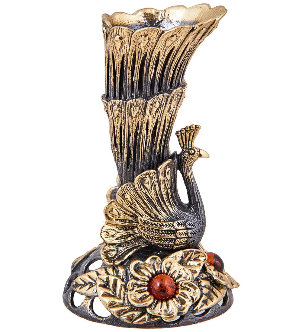 Народные промыслы AM-3909 Подсвечник «Павлин» (латунь, янтарь)