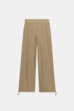 ZARA ЛЬНЯНЫЕ БРЮКИ С ШИРОКИМИ ШТАНИНАМИ И ШНУРКАМИ, ПЕСОЧНЫЙ