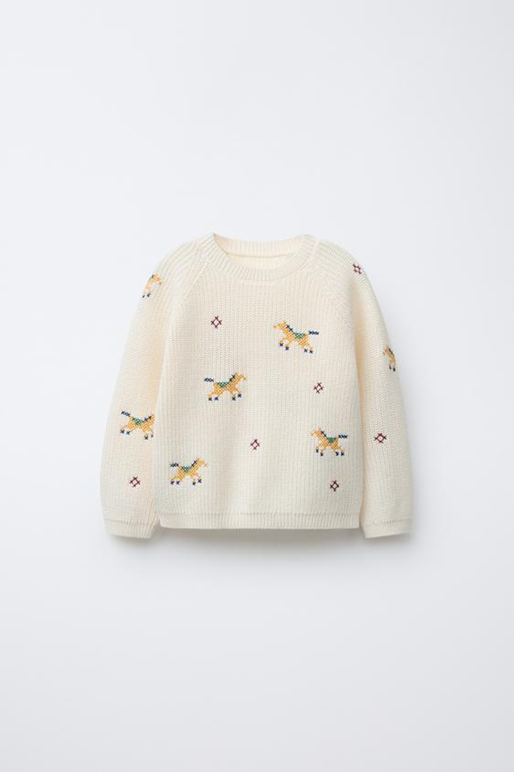 ZARA ТРИКОТАЖНЫЙ ДЖЕМПЕР С ВЫШИВКОЙ КРЕСТИКОМ, ЭКРЮ