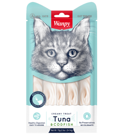 Wanpy Cat Лакомство для кошек «нежное пюре» из тунца и трески 70гр.