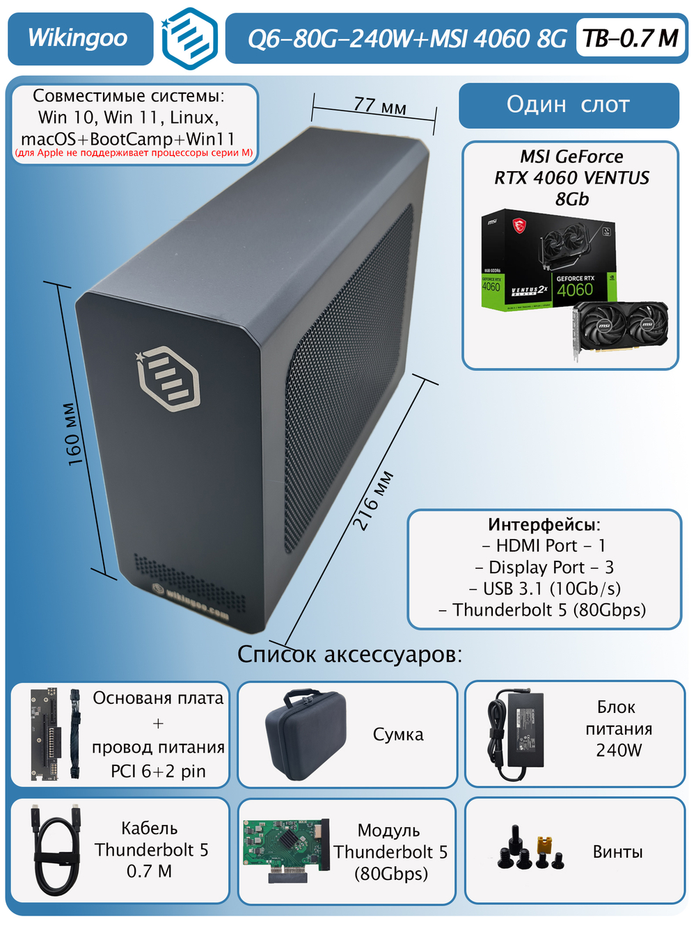 Внешняя видеокарта EGPu Wikingoo Q6 - 240W + MSI GeForce RTX 4060 8Gb. Thunderbolt 5.