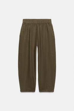 ZARA БРЮКИ BARREL ИЗ ЛЬНА, ХАКИ