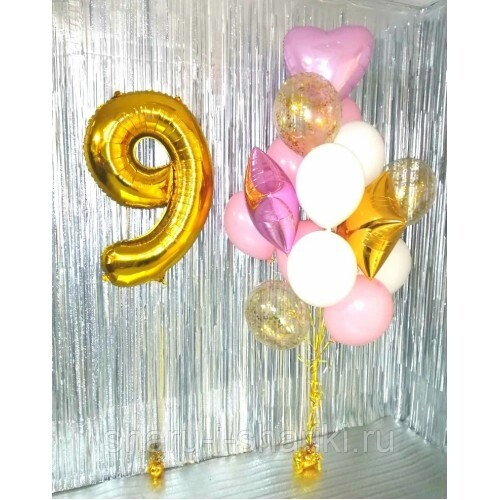 Композиция из шаров с Букетом из Нежно-Розовых и Золотых шаров