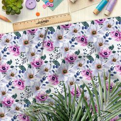 Ткань кулирная гладь поляна из белых и розовых цветов