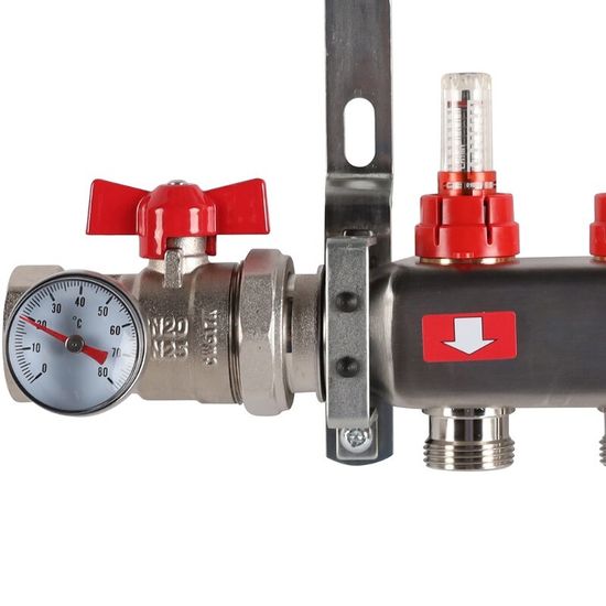 Коллектор Rommer 1"x3/4" на 4 контура с расходомерами в сборе (нерж. сталь) RMS-1210-000004