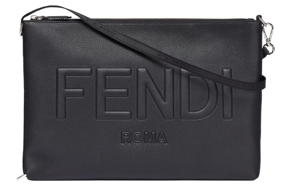 FENDI Calfskin Handheld One Shoulder Laptop Bag Men"s Black