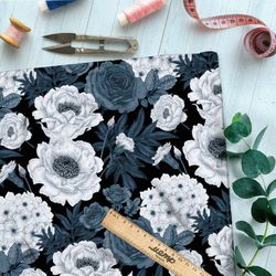 Ткань таффета густые ненасыщенные цветы на чёрном фоне