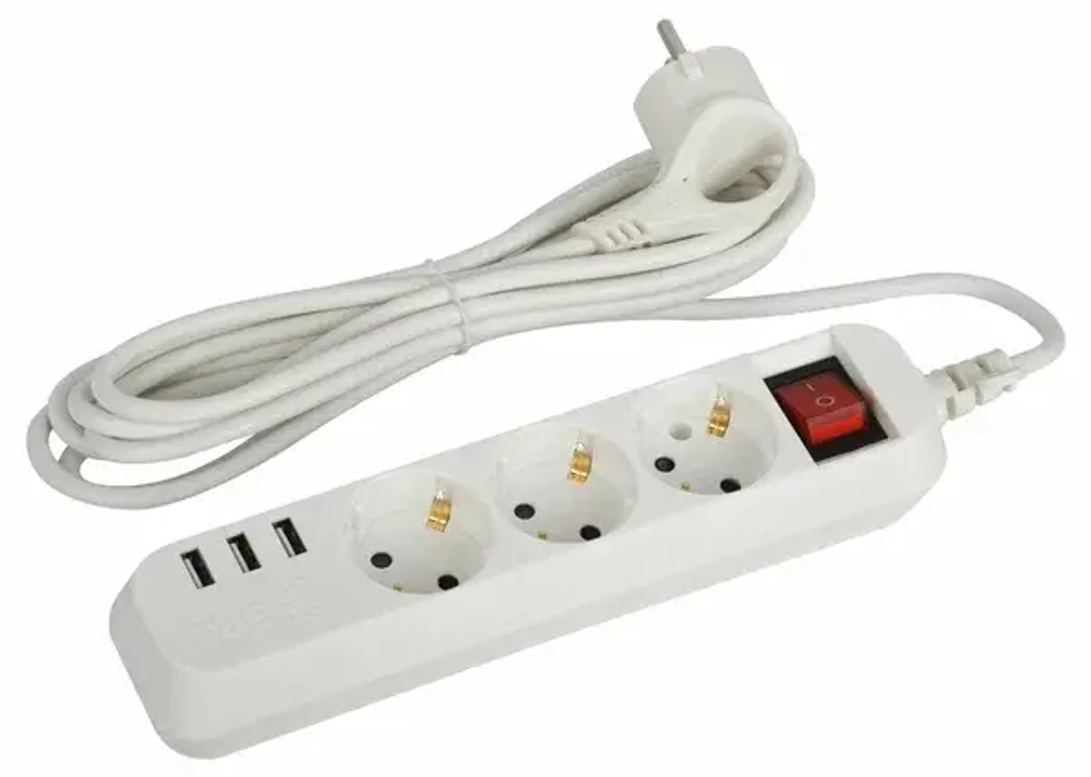 Удлинитель электрич. ЭРА U-3es-3m-USB c заземл. с выключ. 3 розетки + 3xUSBA 3м 10А Б0052901