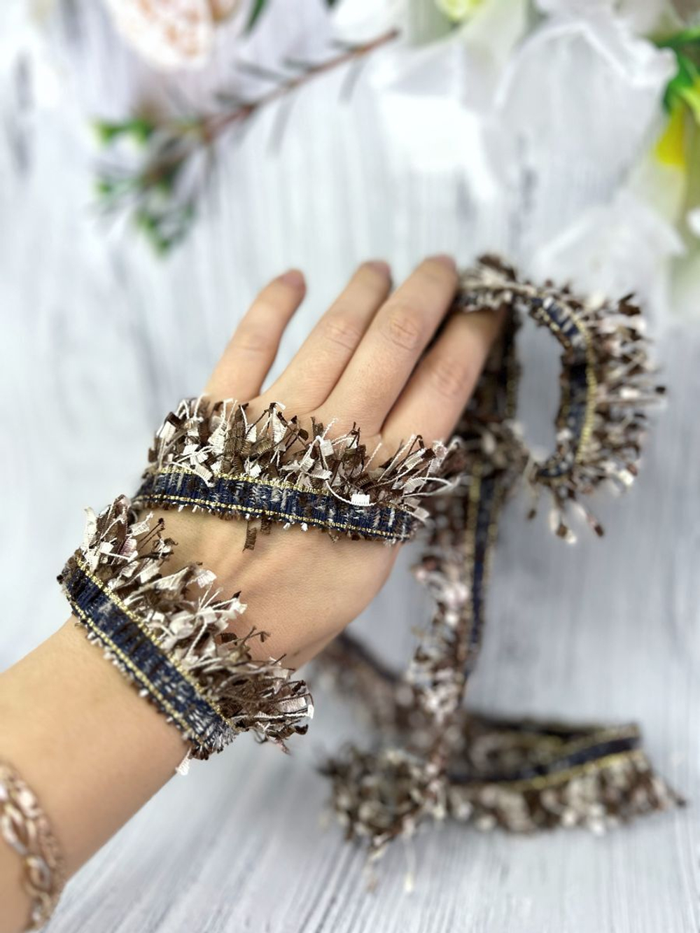 Тесьма с бахромой твидовая букле травка 35мм (1,5м в уп)