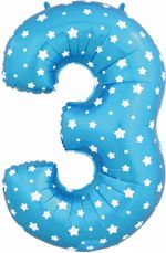 Шар (40"/102 см) Цифра, 3, Звездочки, Голубой, в упаковке 1 шт.