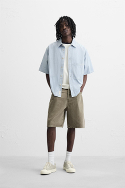 ZARA ДЖИНСОВЫЕ ШОРТЫ STRAIGHT-LEG, ТЕМНЫЙ ХАКИ