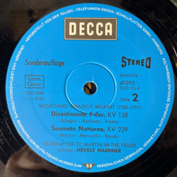 Винтажная виниловая пластинка LP W. A. Mozart, В. А. Моцарт, The Academy Of St. Martin in the Fields, Sir Neville Marriner, Divertimenti KV 136 137 138 Serenata notturna KV 239 (Германия 1978)